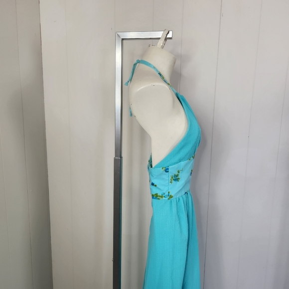 Vintage Blue Floral Halter Maxi Dress 60s 70s Boho Bohemian Hippie Romantic - Picture 8 of 10